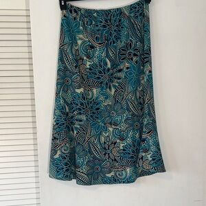 Floral Blue Midi Skirt‎ Asymmetrical Tier Size 10 Elastic Waist Teal